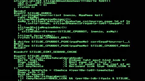 una lista de instrucciones, texto de código fuente codificado de proyectos de dominio público, desplazamiento en un monitor de computadora