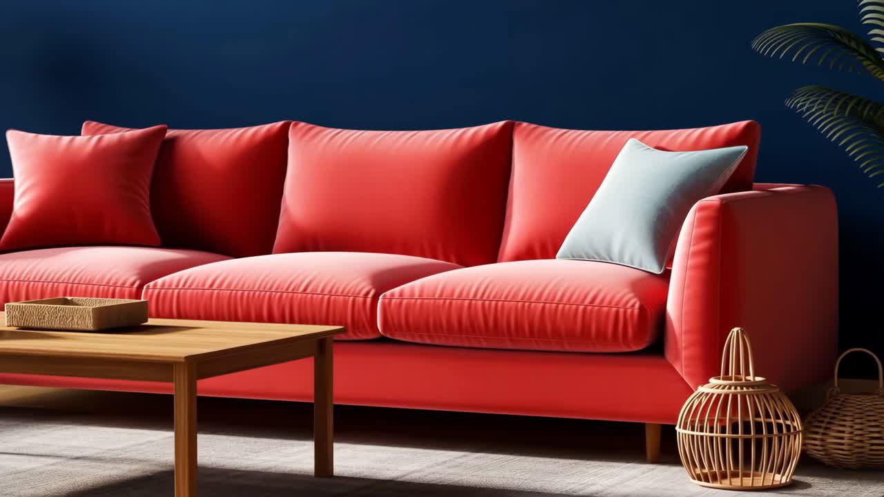 Modern Living Room with Red Sofa and Blue Wall