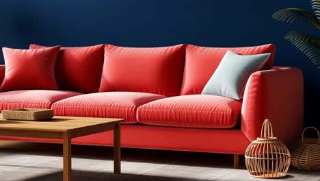 modern living room with red sofa and blue wall