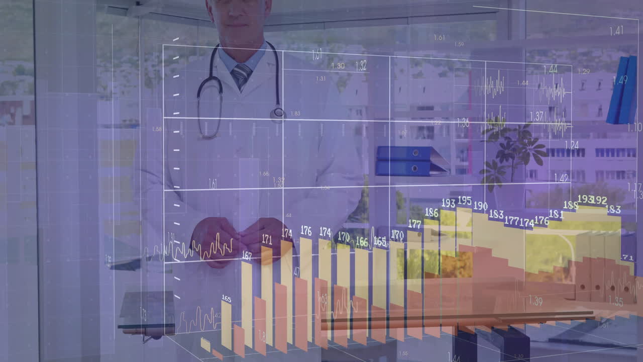 Doctor in lab coat with medical data charts and graphs animation over background