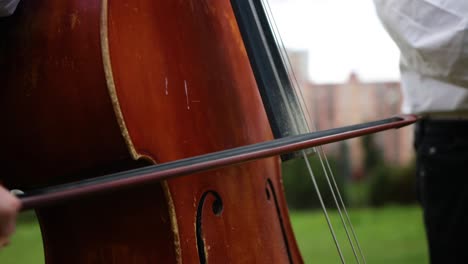 primer plano tocando el contrabajo, al aire libre, concepto de instrumento musical