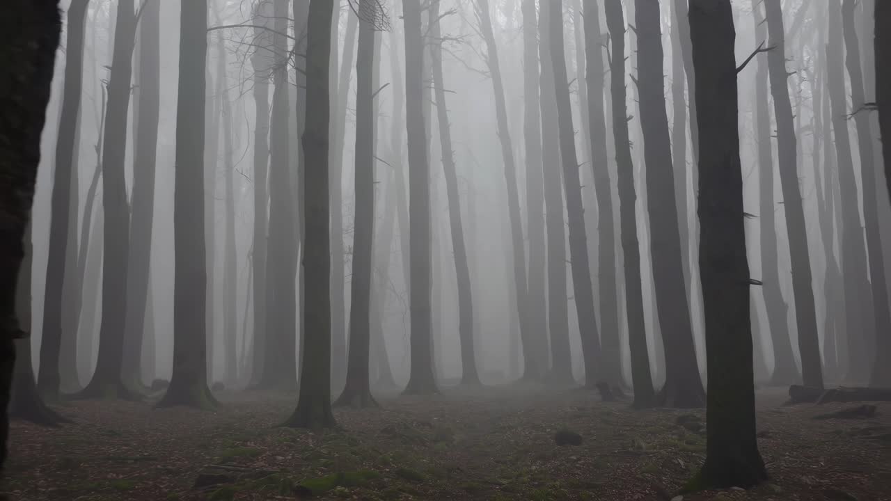 Dense fog enveloping a forest during autumn creates a mysterious and evocative atmosphere, shrouding trees in a misty haze and enhancing the serene beauty of the woodland landscape