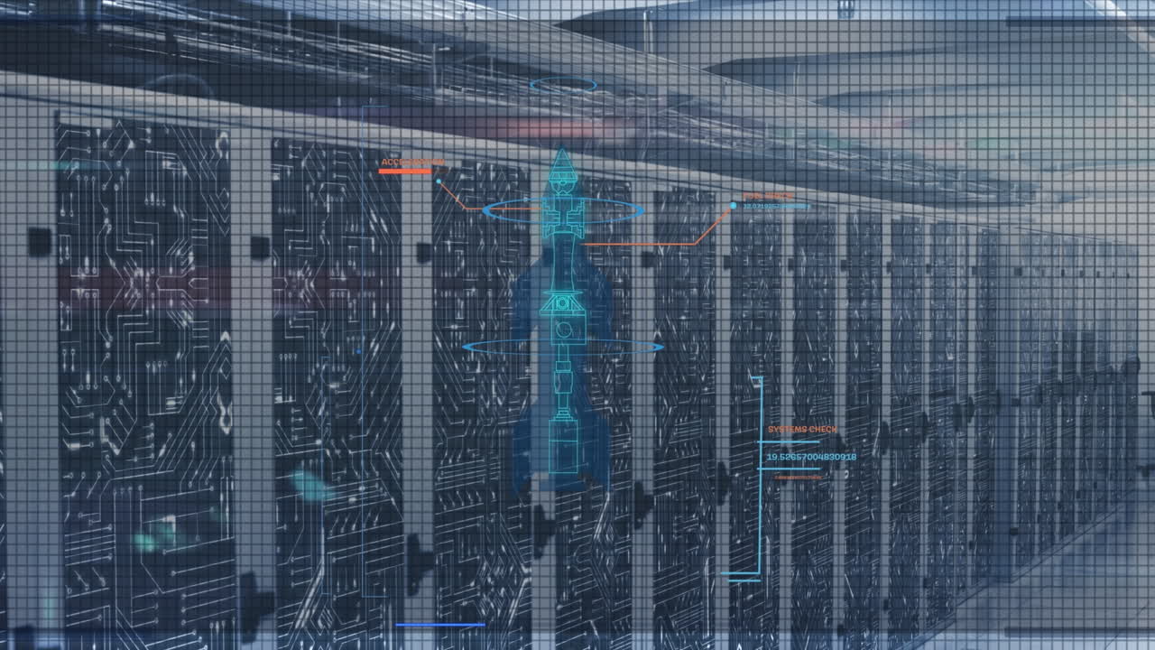 Animation of data processing and computer circuit board over server room