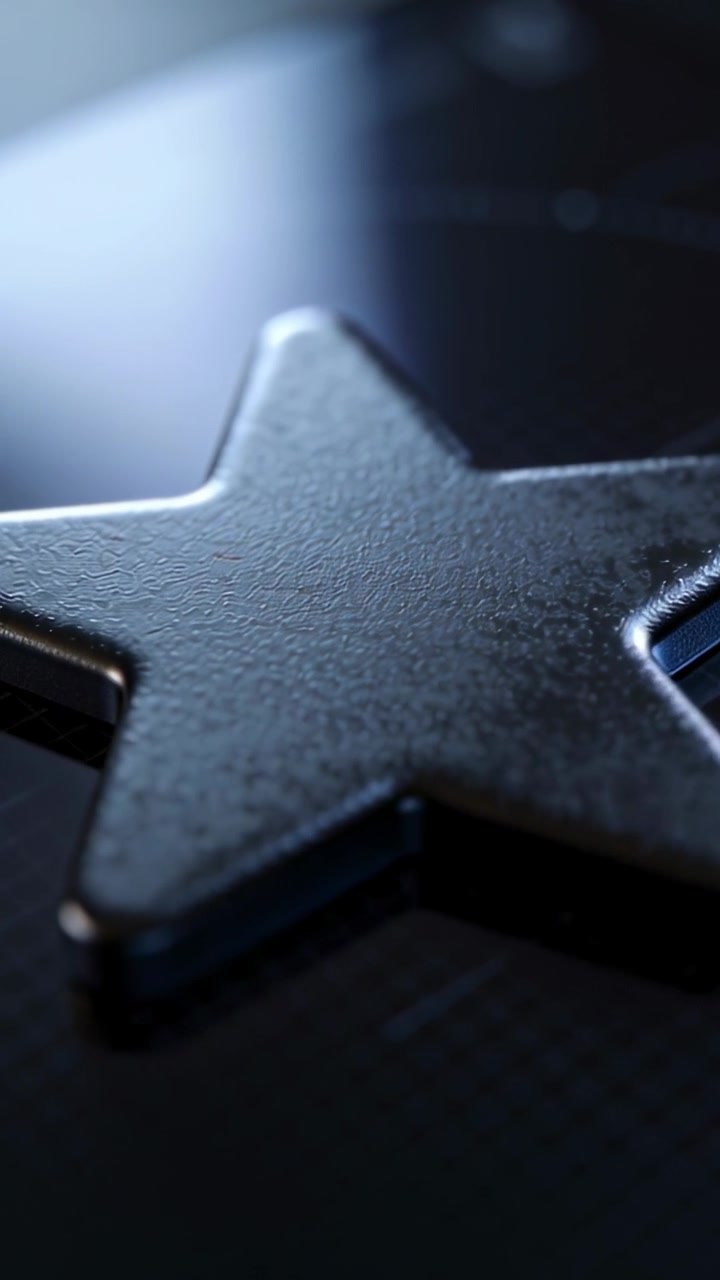Vertical video: Pulling back camera revealing metal star emblem on dark panel to show texture