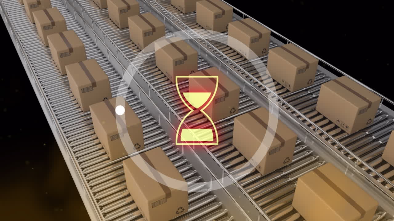 Animation of data processing over cardboard boxes on conveyor belts