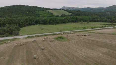 Elevador-Aéreo-Sobre-Tierras-De-Cultivo-Con-Fardos-De-Heno-Redondos-En-El-Campo-De-Tesalia,-Grecia