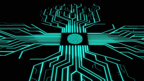 fingerprint with futuristic artificial intelligence spreading through internet. visualization of machine learning, computer technology, neural network