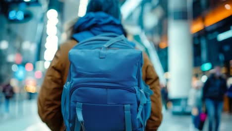 a person with a blue backpack walking through an airport