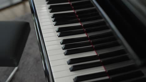acercamiento de las teclas del piano con iluminación suave, resaltando el patrón blanco y negro