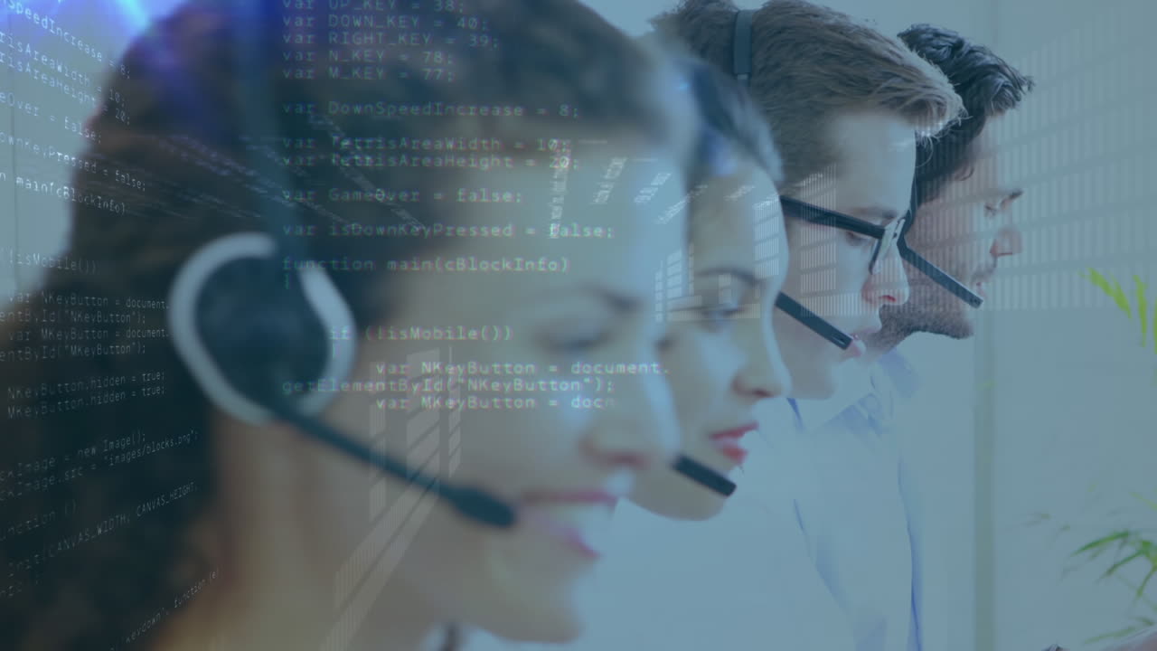 Animation of data processing and light trails over diverse business people using phone headsets