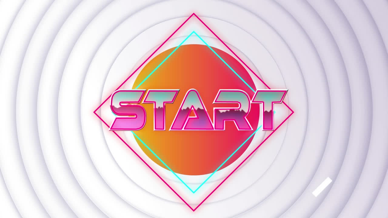 Animation of start text banner against neumorphic white background with curcular patterns