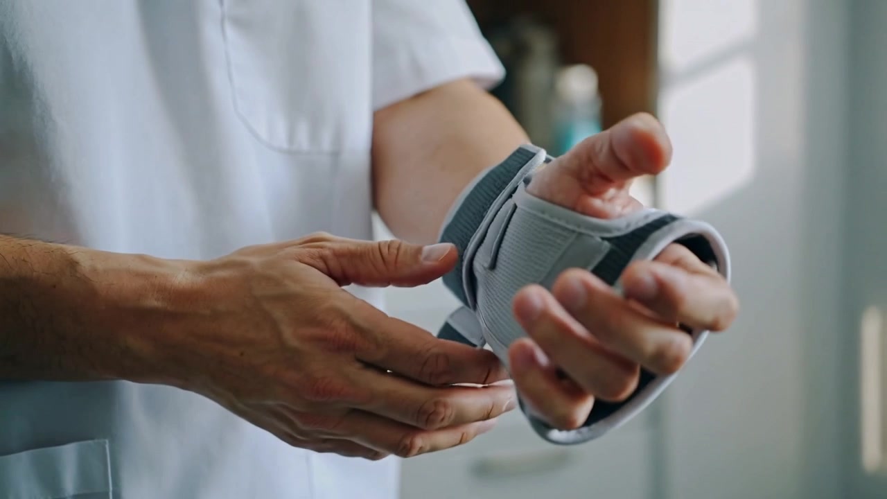 Un uomo in camice medico bianco che tiene una cinghia in Velcro e applica un tutore grigio per il polso in clinica, fissando il polso.
