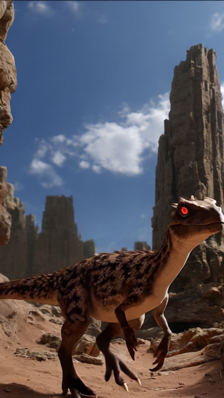 En realistisk skildring af en forhistorisk dinosaur, der strejfer gennem et dramatisk klippelandskab under en lys himmel, fremviser ældgammelt dyreliv i et fantastisk miljø.