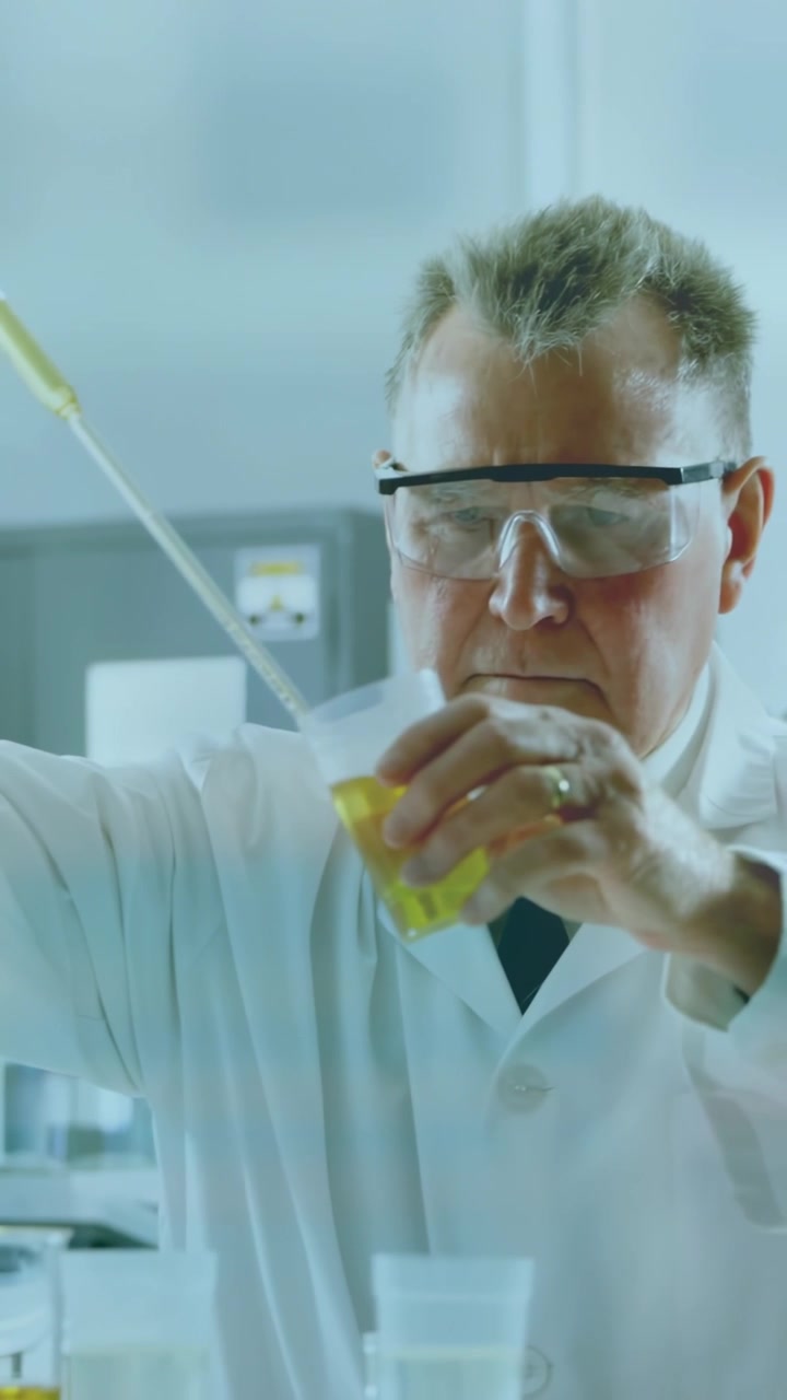 Vertical video: Lab scientist drawing yellow liquid using pipette and dispensing into vial for test