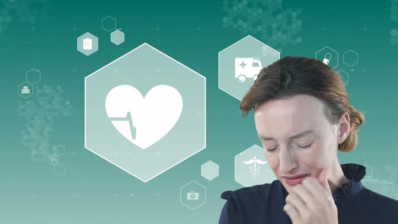 animación de una mujer caucásica en dolor sobre iconos médicos blancos