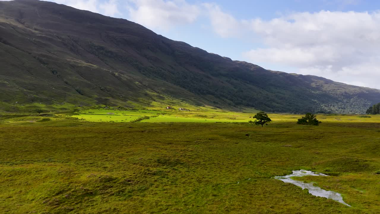 Drone pans across lush green meadow, reflective lake, and distant mountains under soft daylight