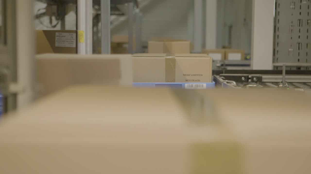 Packages move along a conveyor belt in a modern warehouse setting with automated sorting system