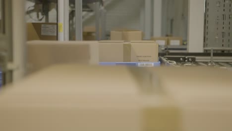 packages move along a conveyor belt in a modern warehouse setting with automated sorting system