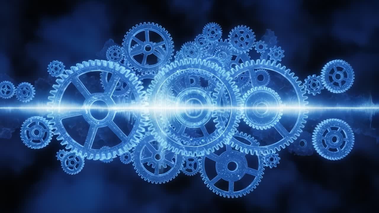 Intricate Gears in Motion: A Mesmerizing Fusion of Mechanical Precision and Sound Wave Visualization, Captured in a Dynamic Blue Hue