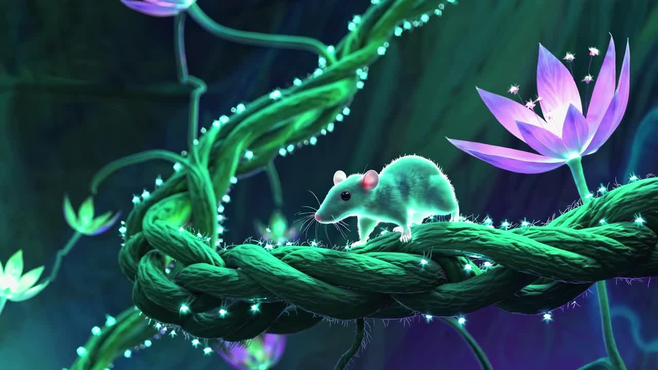 A whimsical video scene of a glowing mouse on a vine, surrounded by luminescent flowers
