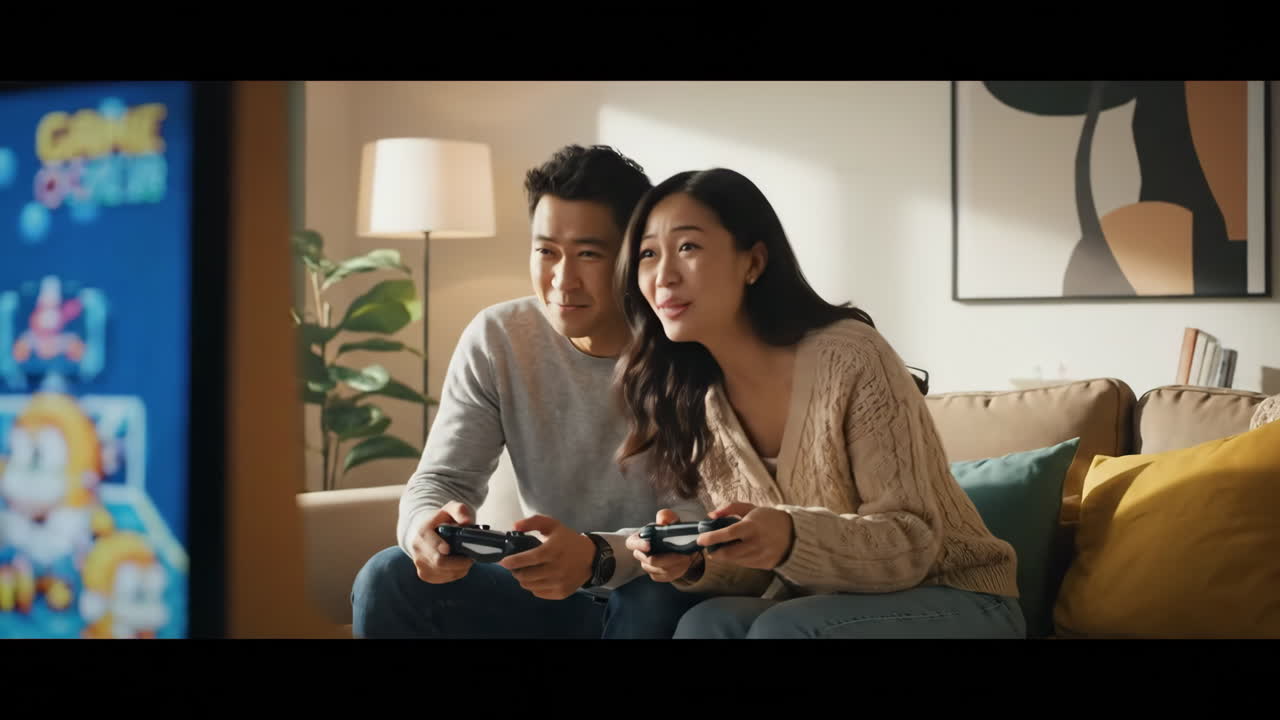 Couple Playing Video Games and Having Fun at Home