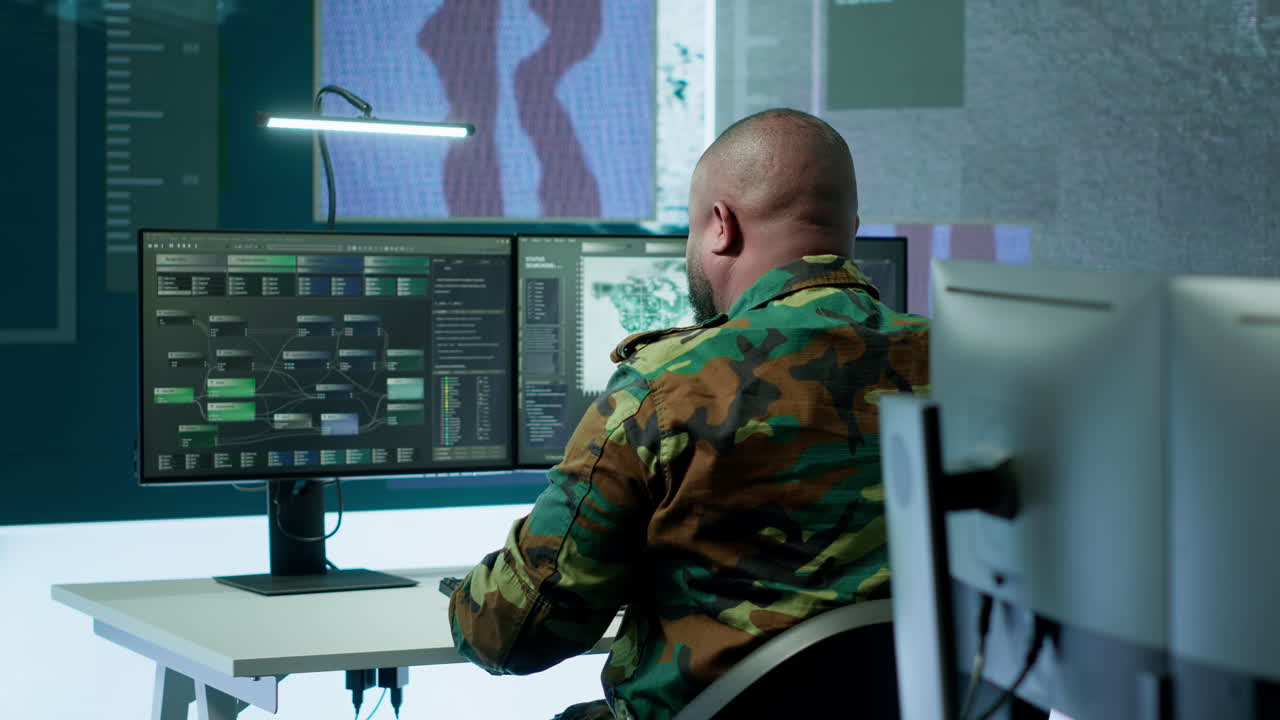 High tech military office with soldiers analyzing real time data