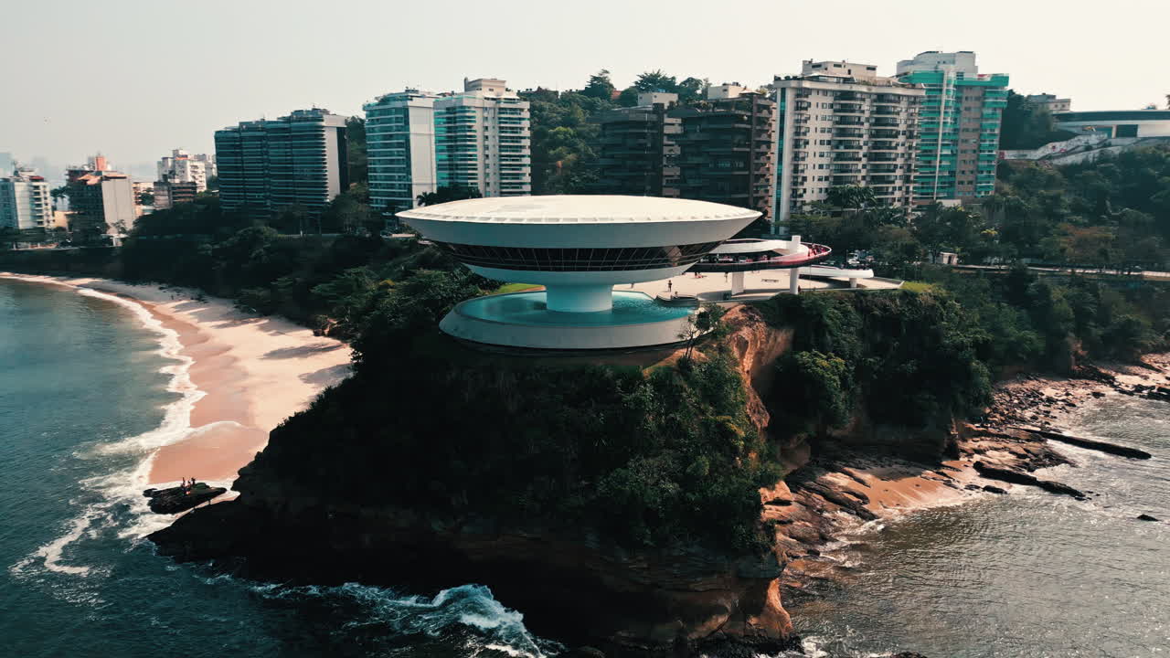 Rio de Janeiro, Brazil Niterói Contemporary Art Museum modern building, aerial