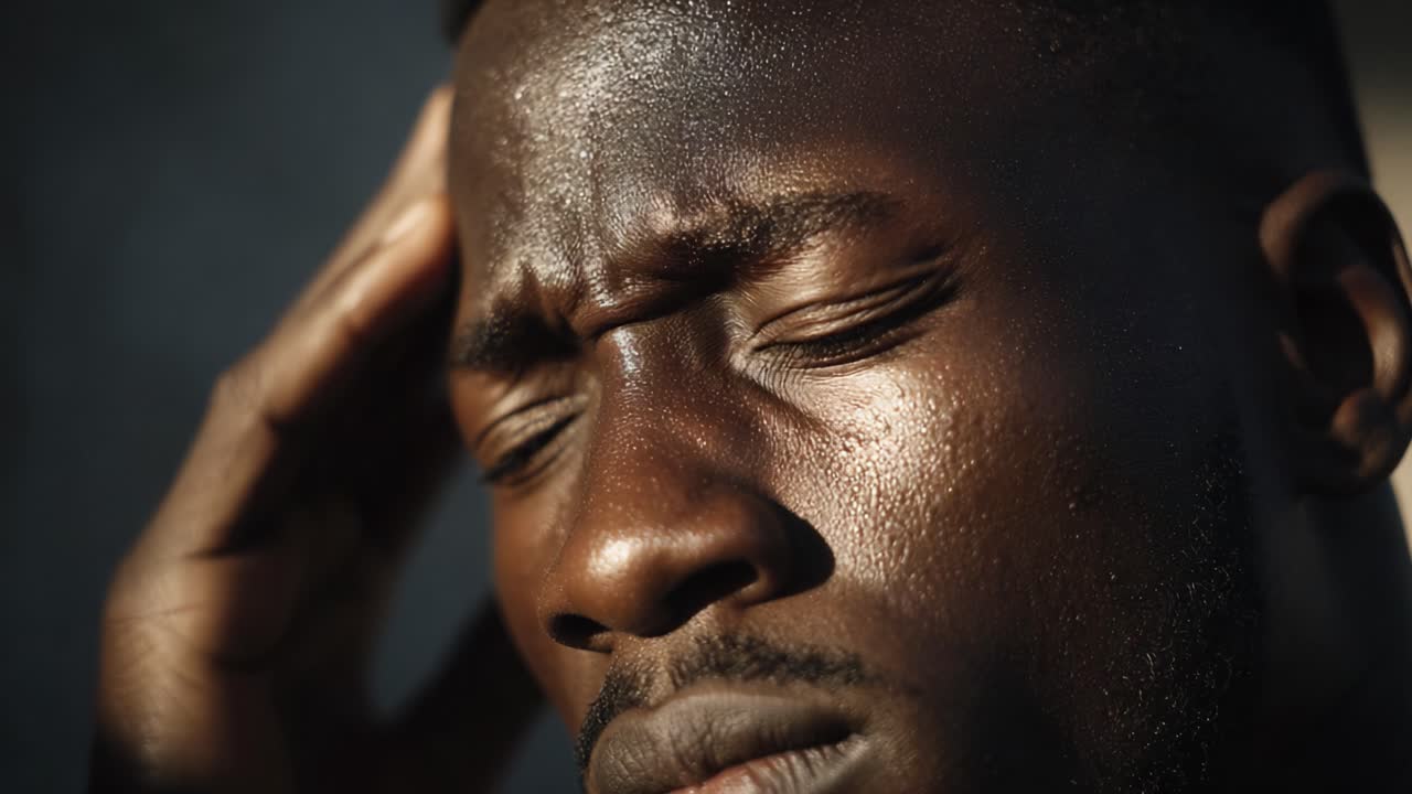 Um close-up de um homem em profunda reflexão, refletindo emoções de estresse e contemplação sob iluminação suave, capturando as nuances da expressão humana e intensidade