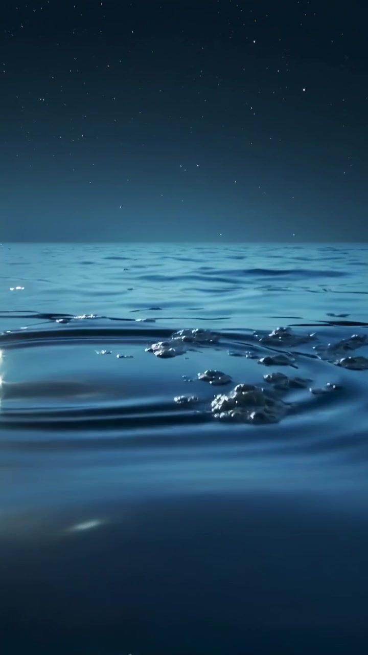 Video verticale: Telecamera in movimento che rivela la superficie dell'oceano che ondeggia sotto il cielo notturno, con schiuma.