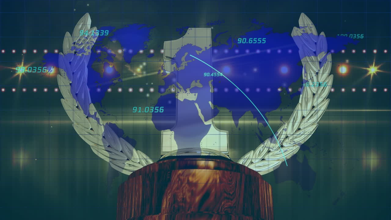 세계 지도, 숫자 및 조명 위의 1 번째 장소의 애니메이션