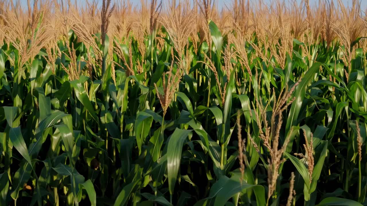 Un video ripreso dal basso cattura un lussureggiante campo di mais sotto un cielo sereno, enfatizzando i fusti di un verde vibrante