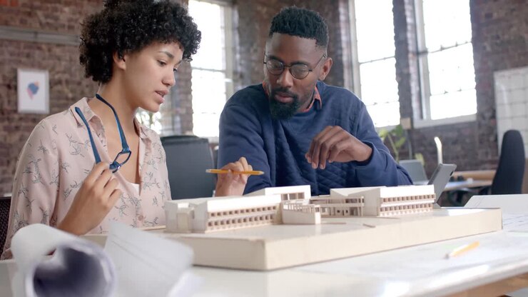 Focused diverse architect colleagues discussing work with building model in office in slow motion