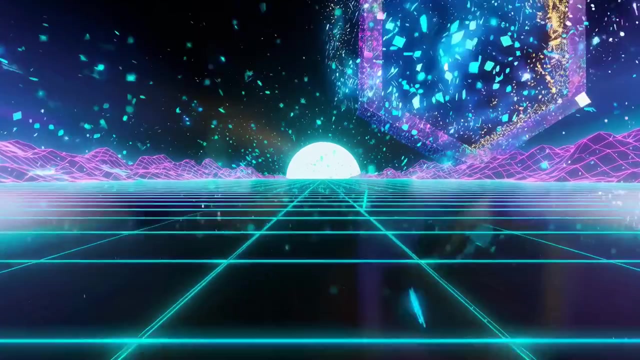 Paesaggio a griglia retro synthwave con esagono esplosivo e luci al neon