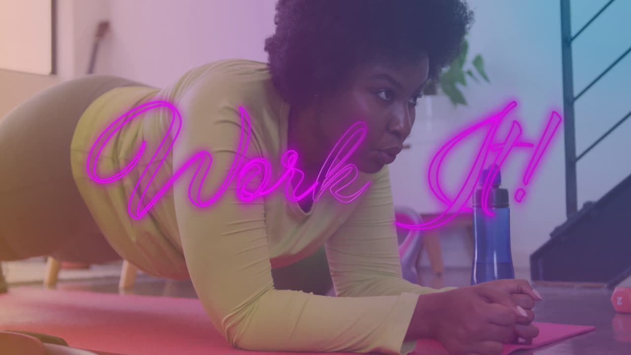 Animation of work it over african american women practicing yoga