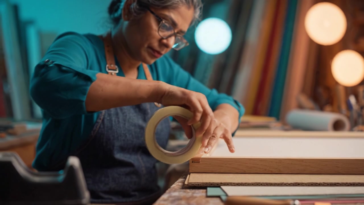 Artisan Crafting: A Skilled Individual Precisely Assembling Wooden Frames in a Vibrant Workshop, Showcasing Expertise and Attention to Detail in Every Step.