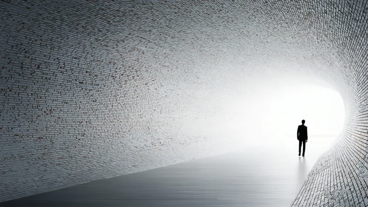 A solitary figure walks through a vast, abstract tunnel, illuminated by a powerful light at the end, symbolizing hope, journey, and introspection