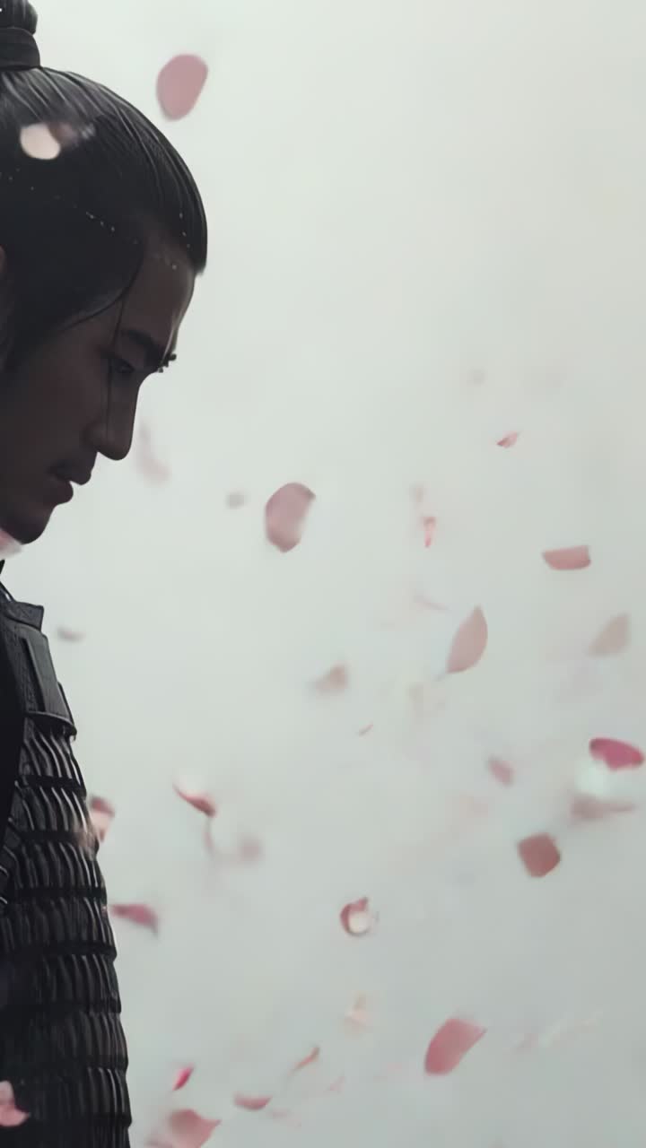Vertical video: Breeze carrying petals swirling around armored samurai with topknot, copy space