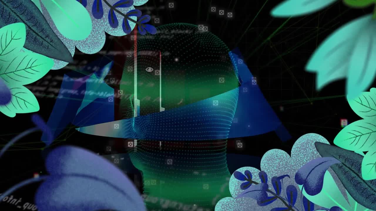 animación del marco de follaje sobre la cabeza giratoria y procesamiento de datos