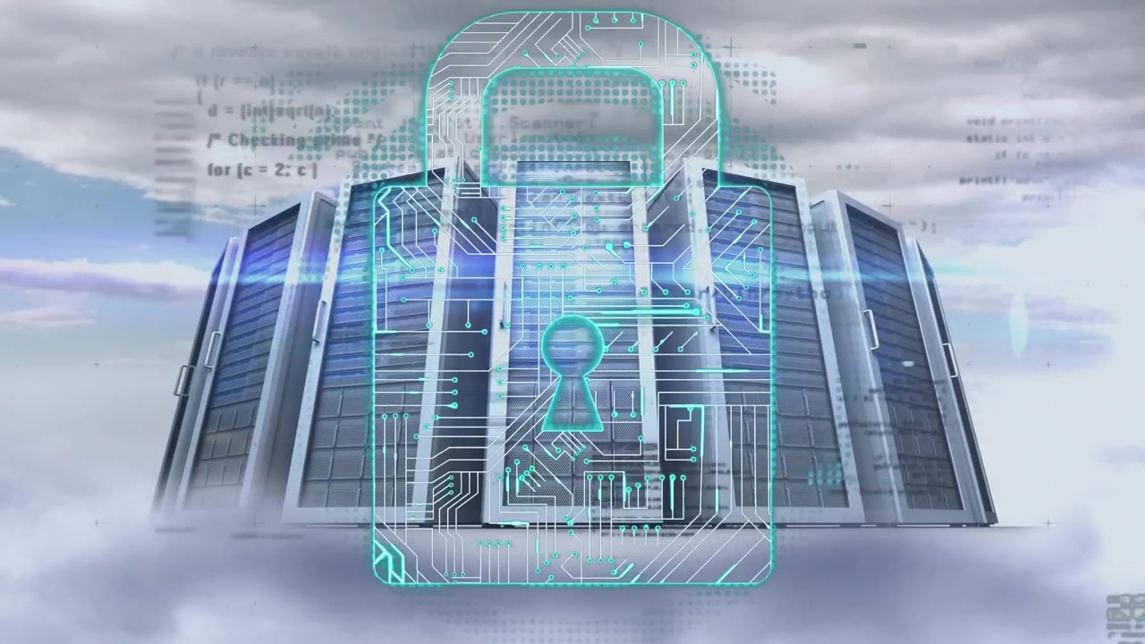 Animation of folders, digital padlock and data processing over servers and clouds