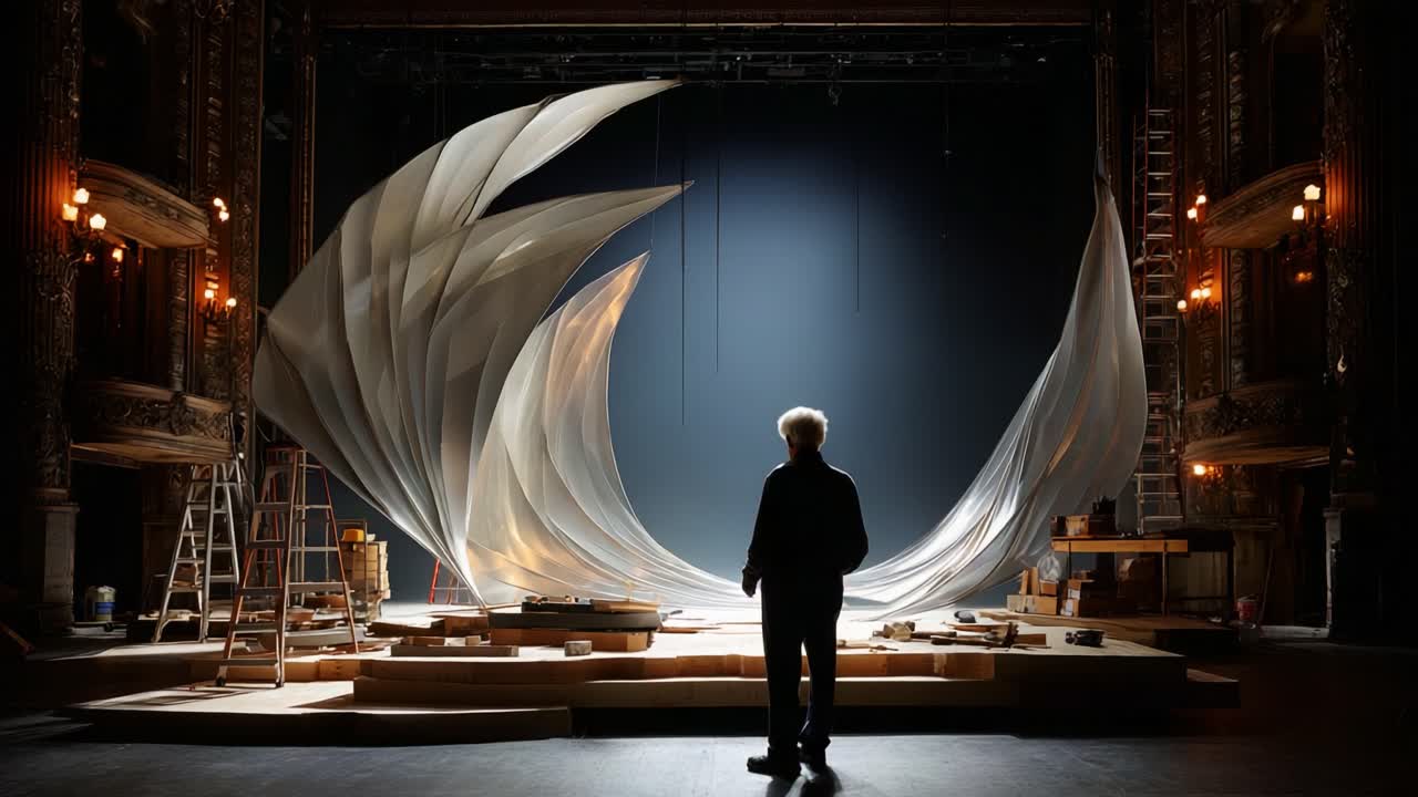 A Vision of Artistry: A Scenic Designer Contemplating a Flowing Fabric Backdrop in an Elegant Theater Set During Transformation and Preparation for a Production