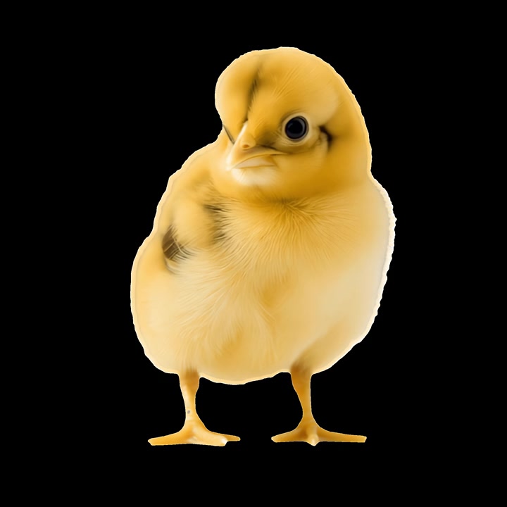 Lindo pollito amarillo de pie y descansando sobre fondo negro