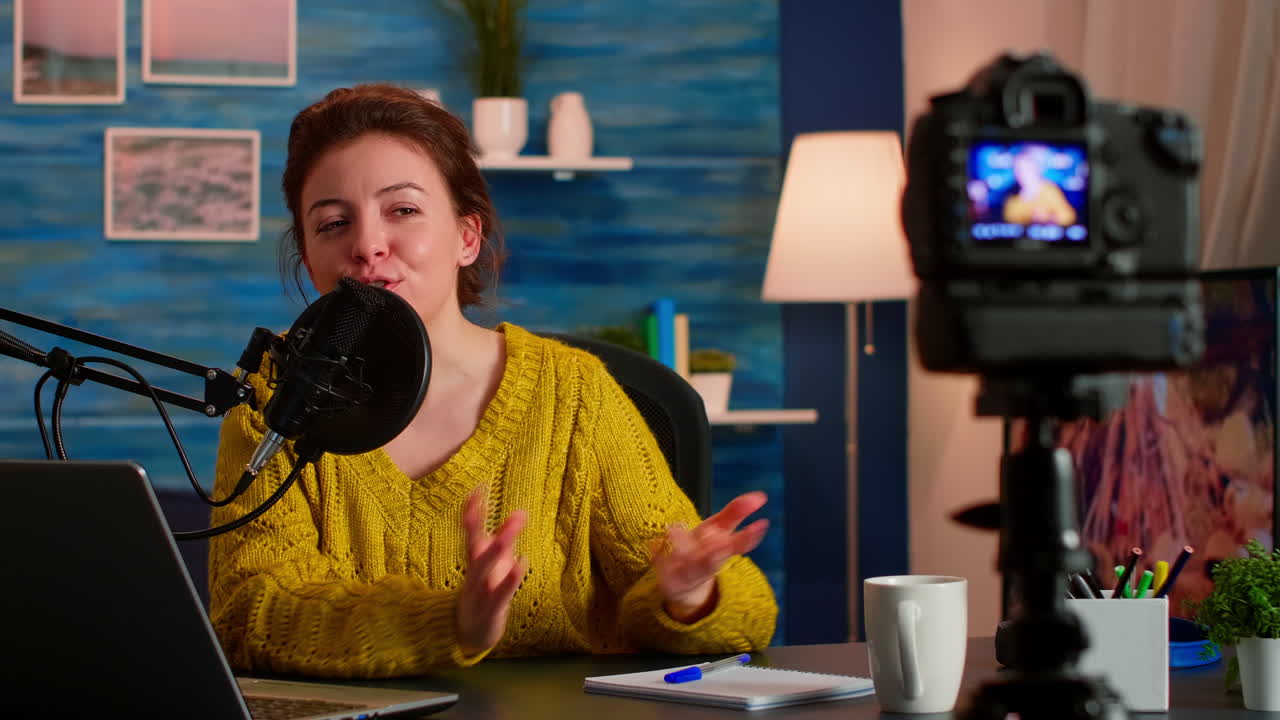 Blogger influencer recording video blog concept speaking at camera