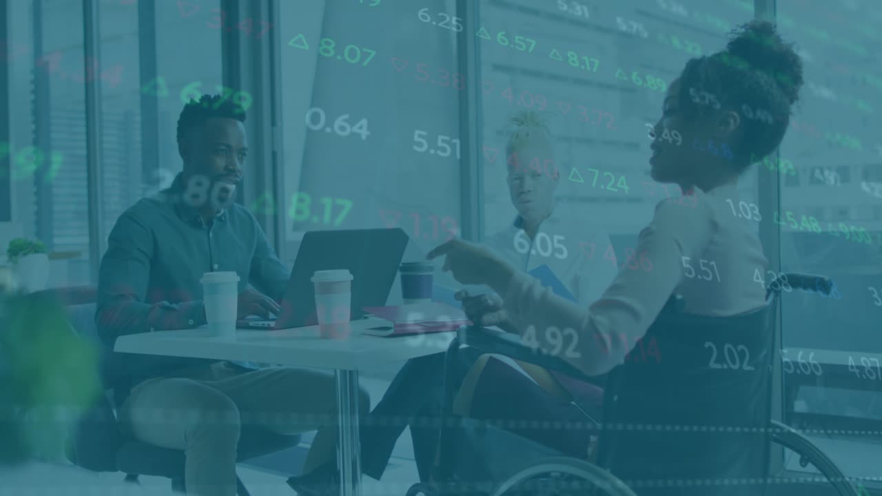 Animation of financial data over diverse coworkers in office