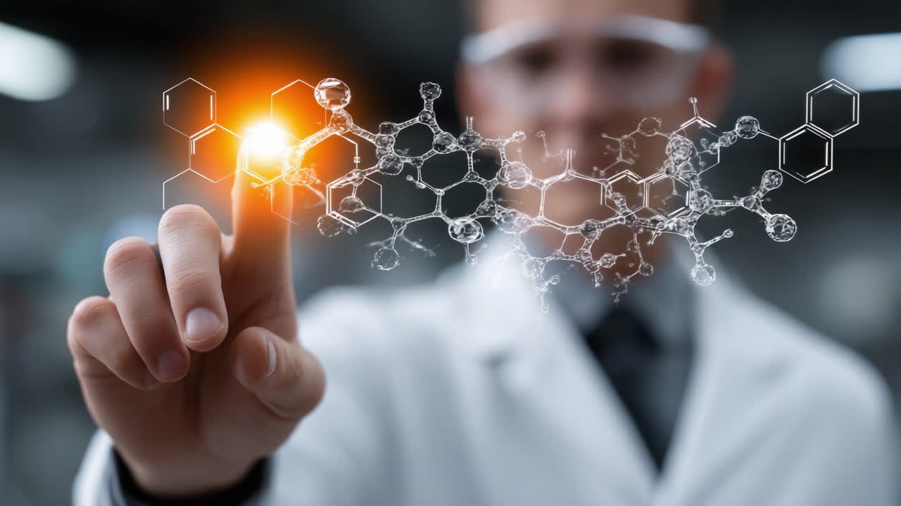 Ricercatore con strutture molecolari in un ambiente di laboratorio: esplorazione di legami chimici e innovazioni tramite tecnologia avanzata e indagine scientifica.