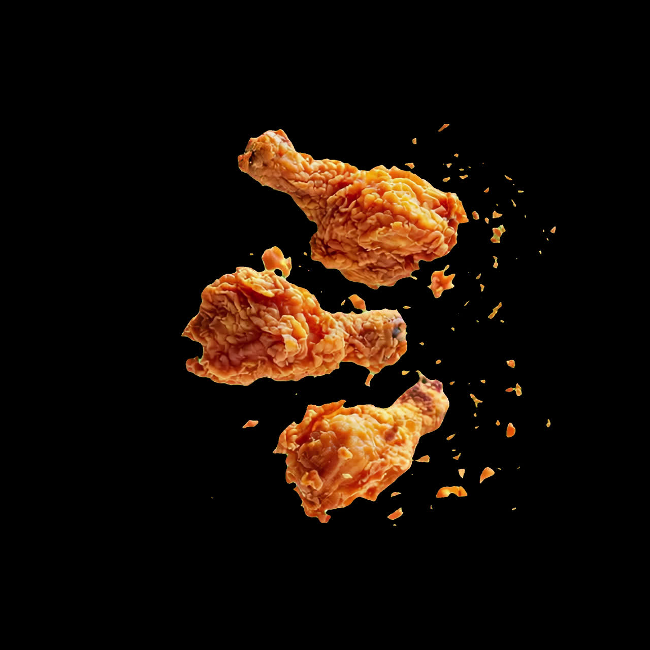 Crispy fried chicken pieces floating animation isolated asset, transparent 4K video, alpha channel