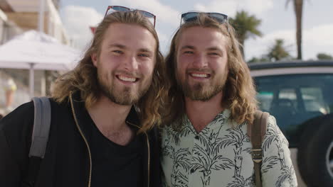 ritratto di affascinanti fratelli gemelli in vacanza sorridendo felici abbracciati godendo di una spiaggia soleggiata rilassata