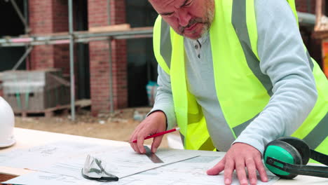 construction worker checking plans on building site