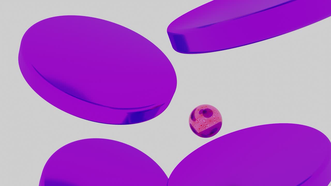 bolas de metal púrpura cayendo, saltando de un disco con superficie reflectora plana a otro. diseño. efecto hipnótico y calmante de las esferas que caen, bucle sin costuras.