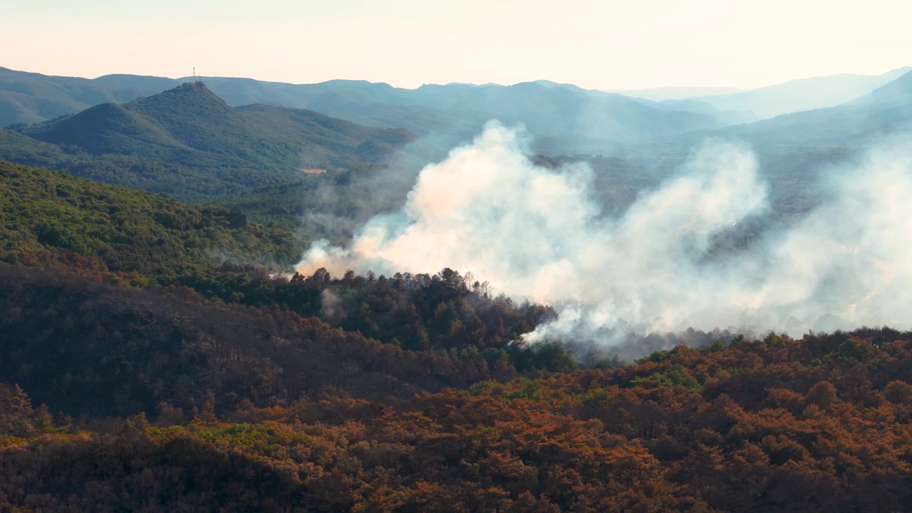 Una vista aerea con drone di una foresta in fiamme, con una grande quantità di fumo bianco che si sprigiona e si sposta verso destra a causa del vento, con il cielo e le colline sullo sfondo.