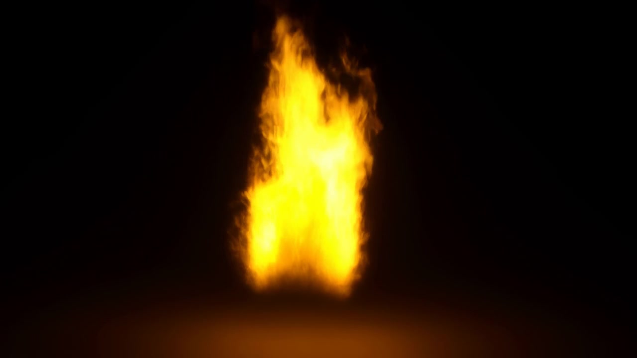 Chama laranja intensa em fundo preto, labareda vertical isolada com núcleo brilhante e brasas incandescentes suaves.